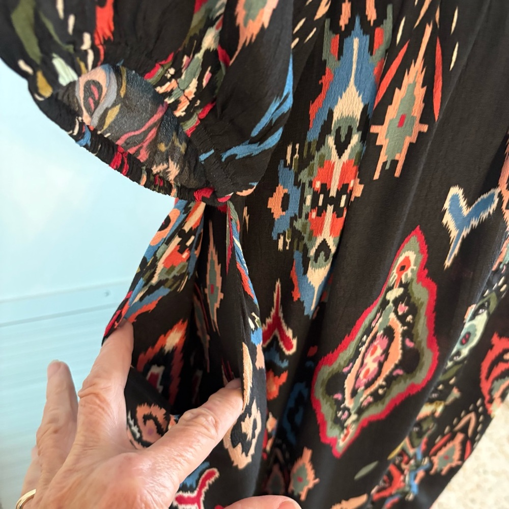 TOLANI Long Black Geometric Tribal Print Asymmetrical Contrast NEW Maxi Dress! - Picture 5 of 16